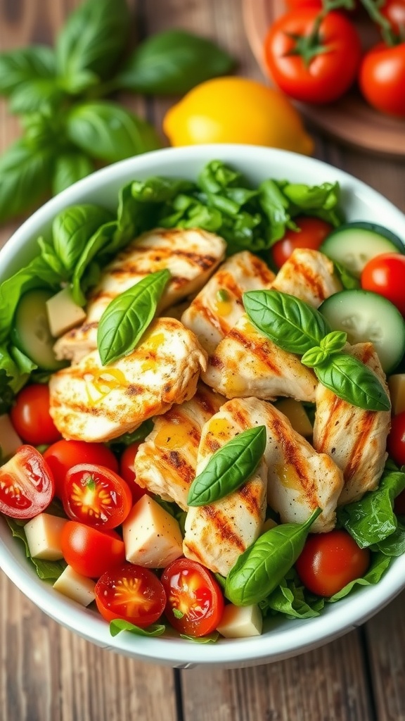 A bowl of lemon basil chicken salad with mixed greens, cherry tomatoes, cucumber, and grilled chicken, garnished with fresh basil and lemon dressing.